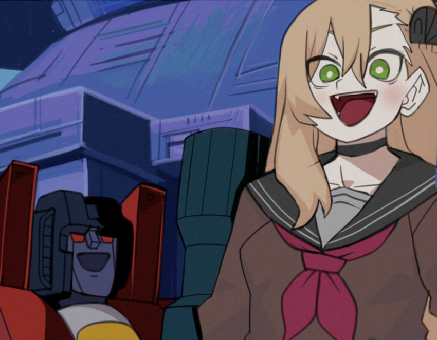 1980s_(style), 1girl, blonde_hair, borrowed_character, bright_pupils, choker, green_eyes, hair_between_eyes, insect_hair_ornament, laughing, long_hair, matangomu-chan, original, pillbug, retro_artstyle, robot, sarikyou, school_uniform, serafuku, shioinu_kemushi, starscream, transformers, transformers:_generation_1, white_pupils