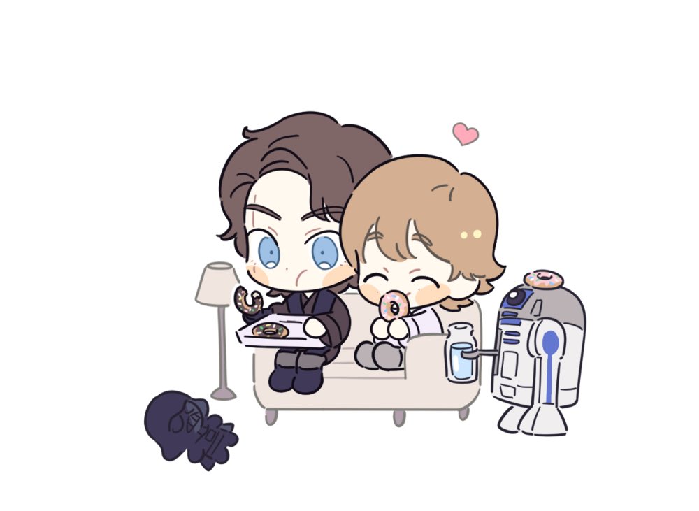 2boys, anakin_skywalker, blue_eyes, blush_stickers, character_doll, couch, darth_vader, doughnut