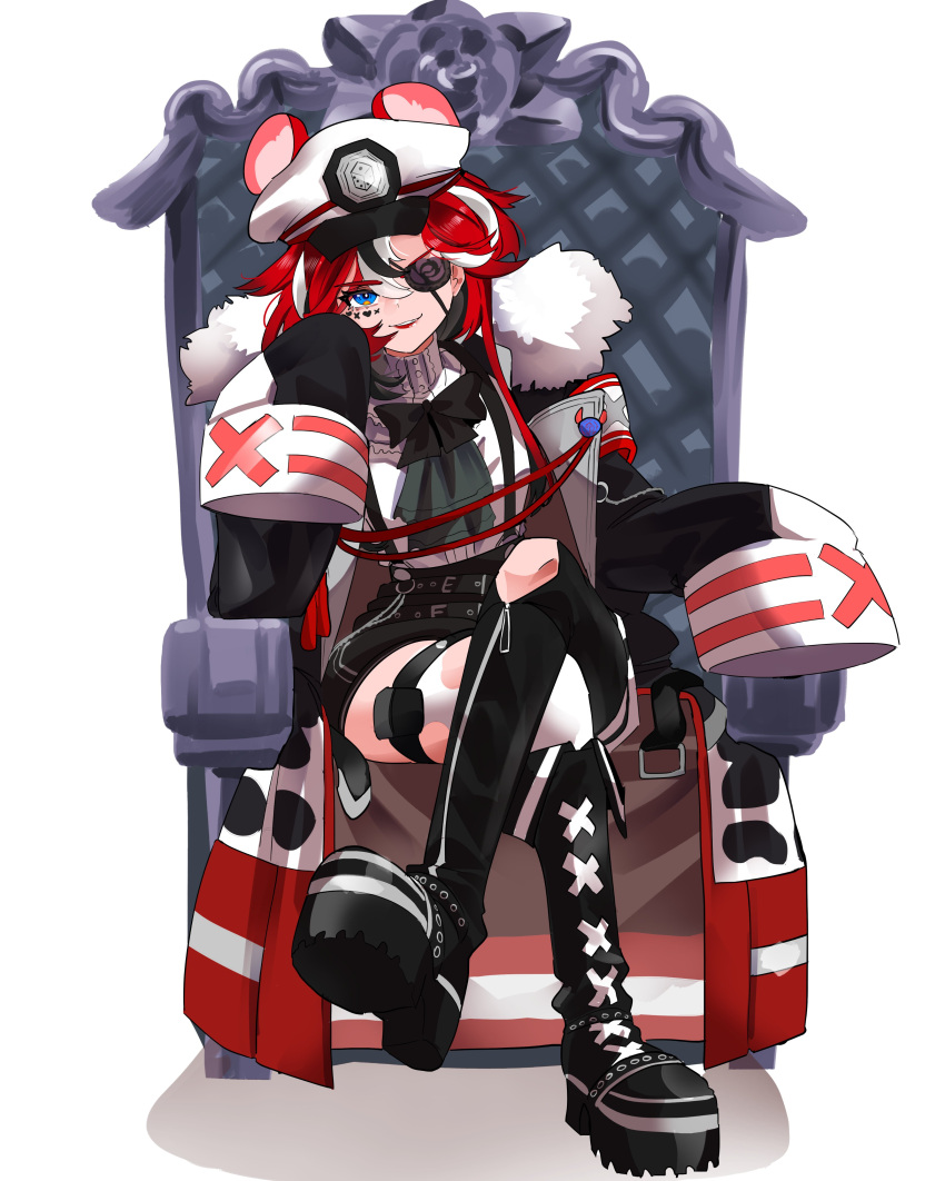 1girl, absurdres, animal_ears, armband, asymmetrical_legwear, black_bow, black_coat, blue_eyes, boots, bow, coat, crossed_legs, eyepatch, hakos_baelz, hakos_baelz_(4th_costume), hat, highres, hololive, hololive_english, koizumi_arata, military_hat, mismatched_legwear, mouse_ears, multicolored_hair, red_lips, redhead, sitting, sleeves_past_fingers, sleeves_past_wrists, streaked_hair, virtual_youtuber
