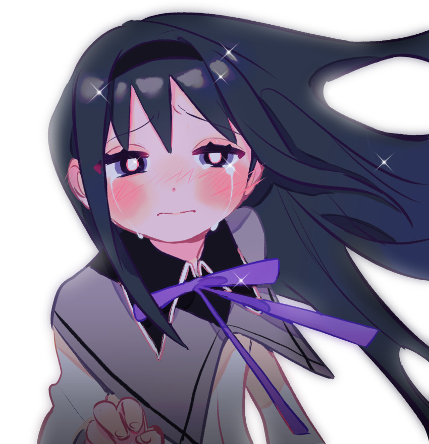 1girl, absurdres, akemi_homura_(magical_girl), black_hair, black_hairband, blush, capelet, closed_mouth, collared_capelet, collared_shirt, crying, dot_nose, floating_clothes, floating_hair, from_above, furrowed_brow, hair_intakes, hairband, half-closed_eyes, hand_up, highres, kerberos_(kerbe_), long_hair, long_sleeves, looking_ahead, mahou_shoujo_madoka_magica, mahou_shoujo_madoka_magica_(anime), neck_ribbon, purple_ribbon, ribbon, shirt, simple_background, solo, streaming_tears, sweater, tears, upper_body, very_long_hair, violet_eyes, white_background, white_shirt, white_sweater, wing_collar