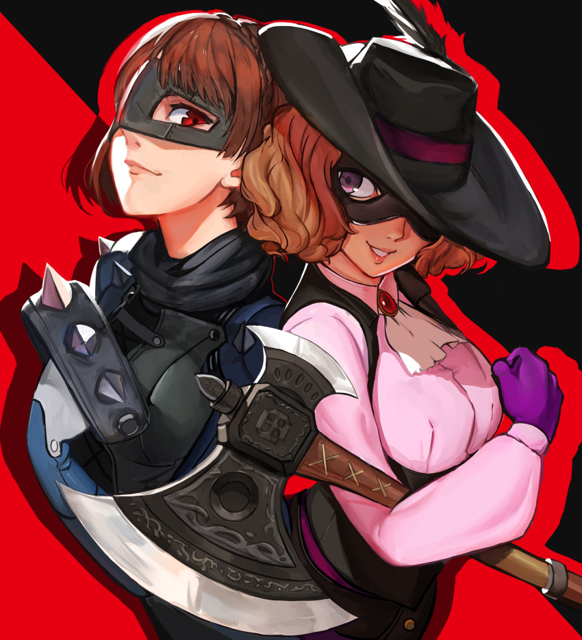 2girls, axe, biker_clothes, blixadon, braid, brown_hair, commission, crown_braid