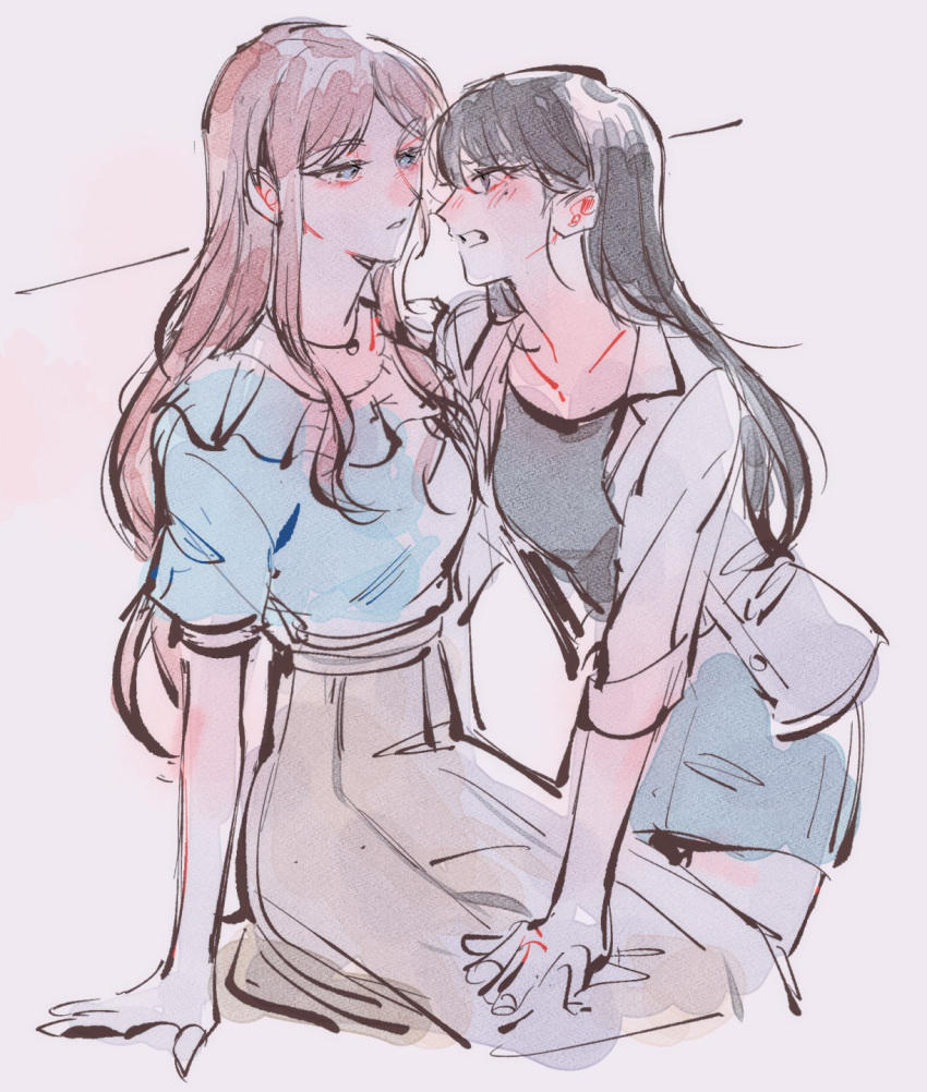 2girls, bang_dream!, bang_dream!_it's_mygo!!!!!, black_hair, black_shirt, blue_eyes, blue_shirt, blue_skirt, blush, brown_hair, commentary, eye_contact, hand_on_another's_leg, highres, leaning_forward, long_hair, looking_at_another, maybecrosswise, mole, mole_under_eye, multiple_girls, nagasaki_soyo, open_clothes, open_shirt, parted_lips, shiina_taki, shirt, short_sleeves, skirt, symbol-only_commentary, white_shirt, yuri