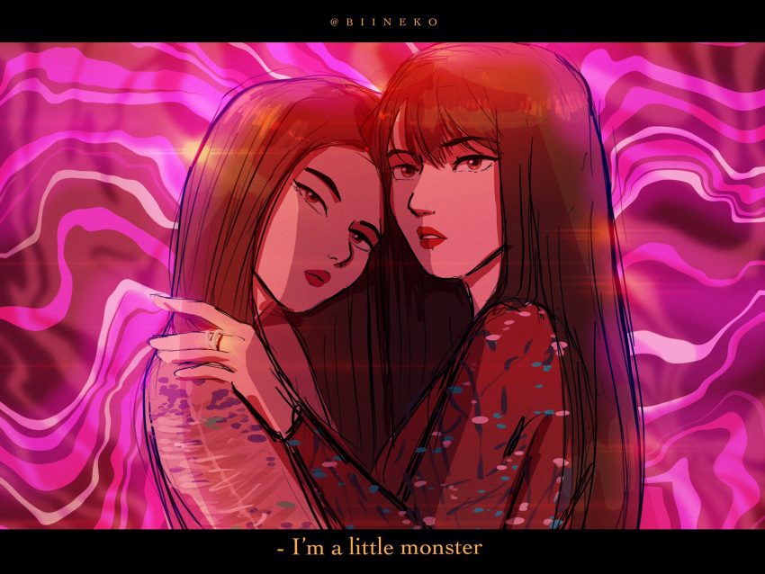 2girls, animification, blunt_bangs, brown_hair, closed_mouth, english_commentary, english_text, hand_on_another's_shoulder, highres, hug, irene_(red_velvet), jewelry, k-pop, letterboxed, long_hair, long_sleeves, monster_(red_velvet), multiple_girls, parted_lips, pink_theme, real_life, red_lips, red_velvet_(group), ring, seulgi_(red_velvet), twitter_username, yosoobi