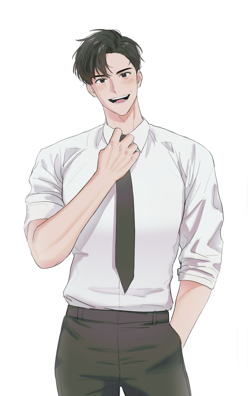 1boy, absurdres, black_eyes, black_hair, black_necktie, black_pants, collared_shirt, cowboy_shot, hand_in_pocket, highres, jeong_taeui, light_blush, long_sleeves, looking_at_viewer, ma_nya_m, male_focus, necktie, pants, passion_(manhwa), shirt, smile, solo, teeth, tongue, white_background, white_shirt