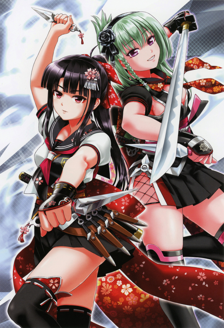 2girls, absurdres, beatmania_iidx, black_hair, black_thighhighs, blunt_bangs, braid, breasts