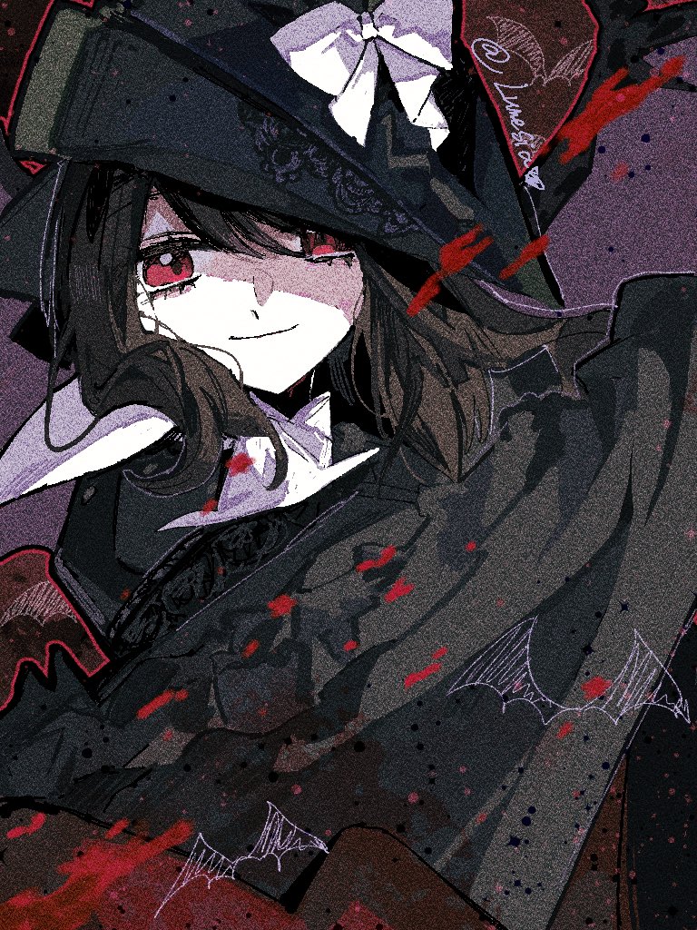 1girl, animal_print, bat_print, black_cape, black_hair, black_hood, bow, cape