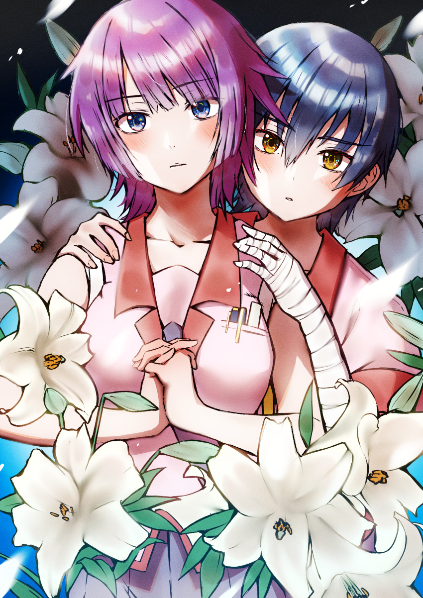 2girls, absurdres, bandaged_arm, bandages, blue_eyes, blue_hair, blush, breasts