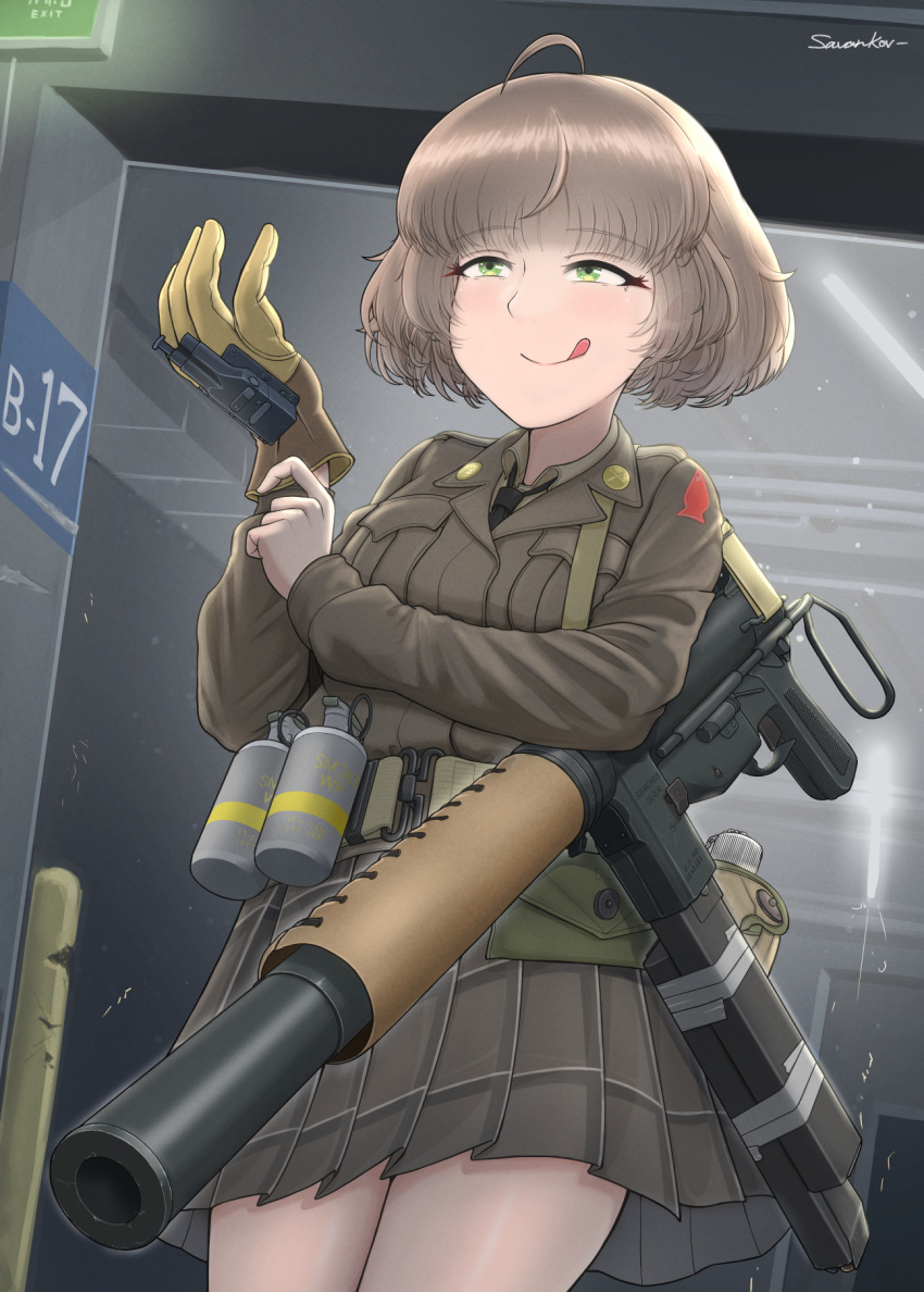 1girl, artist_name, black_necktie, brown_hair, brown_jacket, brown_shirt, carl_gustaf_m/45, gloves