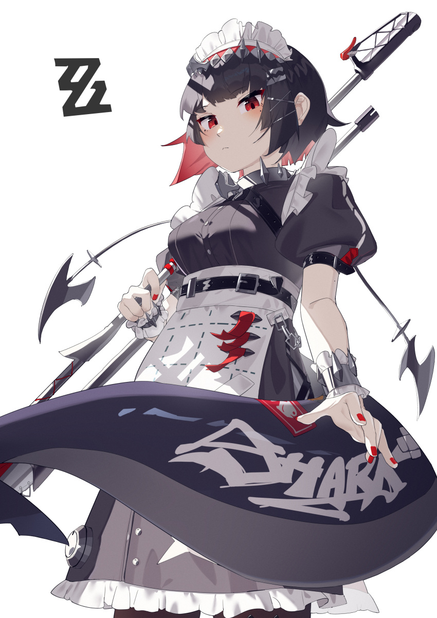 1girl, absurdres, apron, awmin, black_dress, black_hair, breasts, closed_mouth