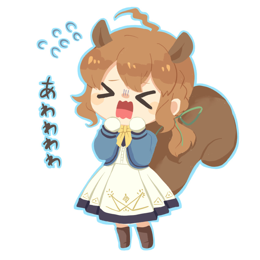 >_<, 1girl, ahoge, animal_ears, blue_cape, blush_stickers, bow, bowtie, brown_footwear, brown_hair, cape, chibi, dress, flying_sweatdrops, full_body, gloves, hair_between_eyes, highres, lou_pender, monica_everett, open_mouth, panicking, shouting, silent_witch, simple_background, solo, squirrel_ears, squirrel_girl, squirrel_tail, tail, white_background, white_dress, white_gloves, yellow_bow, yellow_bowtie