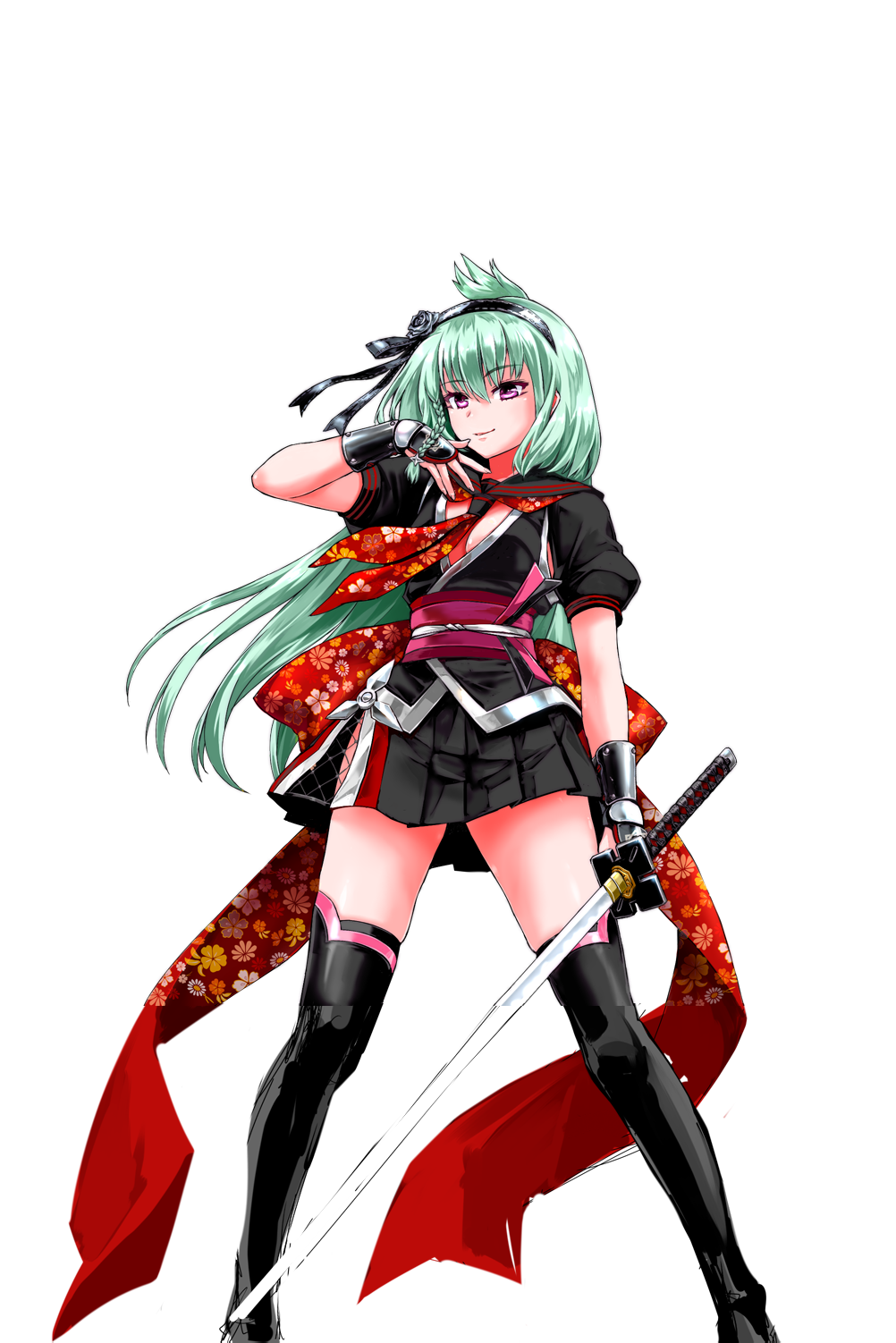 arm_up, beatmania_iidx, black_gloves, black_skirt, black_thighhighs, braid, fingerless_gloves, full_body, gloves, goli_matsumoto, green_hair, hair_between_eyes, hairband, highres, holding, holding_sword, holding_weapon, kanzaki_saya, long_hair, obi, official_art, sash, skirt, sword, thigh-highs, violet_eyes, weapon