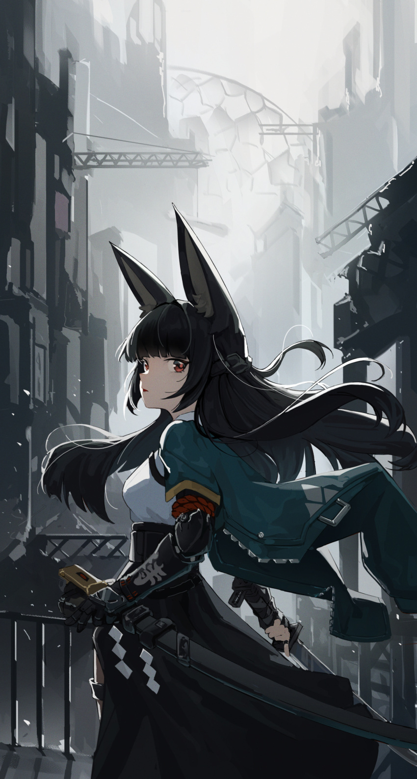 1girl, absurdres, animal_ears, aqua_jacket, arm_strap, black_gloves, black_hair, black_skirt