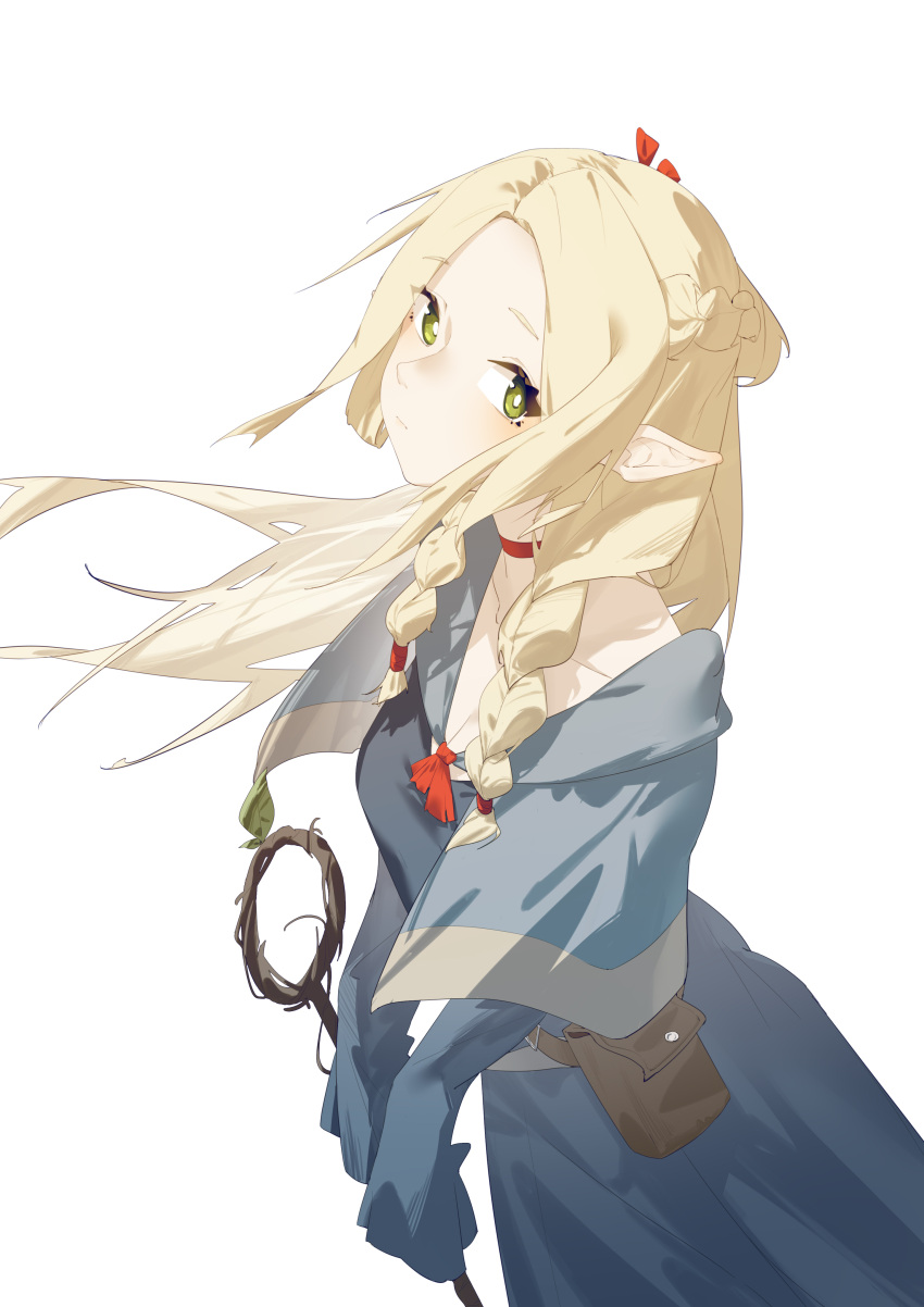 1girl, absurdres, awmin, blonde_hair, blue_robe, braid, choker, closed_mouth, commentary_request, cowboy_shot, dungeon_meshi, elf, green_eyes, grey_background, highres, holding, holding_staff, long_hair, long_sleeves, looking_at_viewer, marcille_donato, own_hands_together, pointy_ears, red_choker, robe, simple_background, sleeves_past_fingers, sleeves_past_wrists, solo, staff, standing