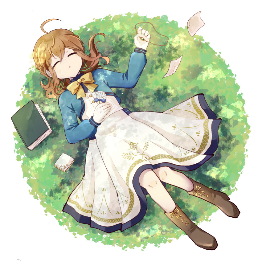 1girl, ahoge, blue_capelet, bow, bowtie, brown_footwear, brown_hair, capelet