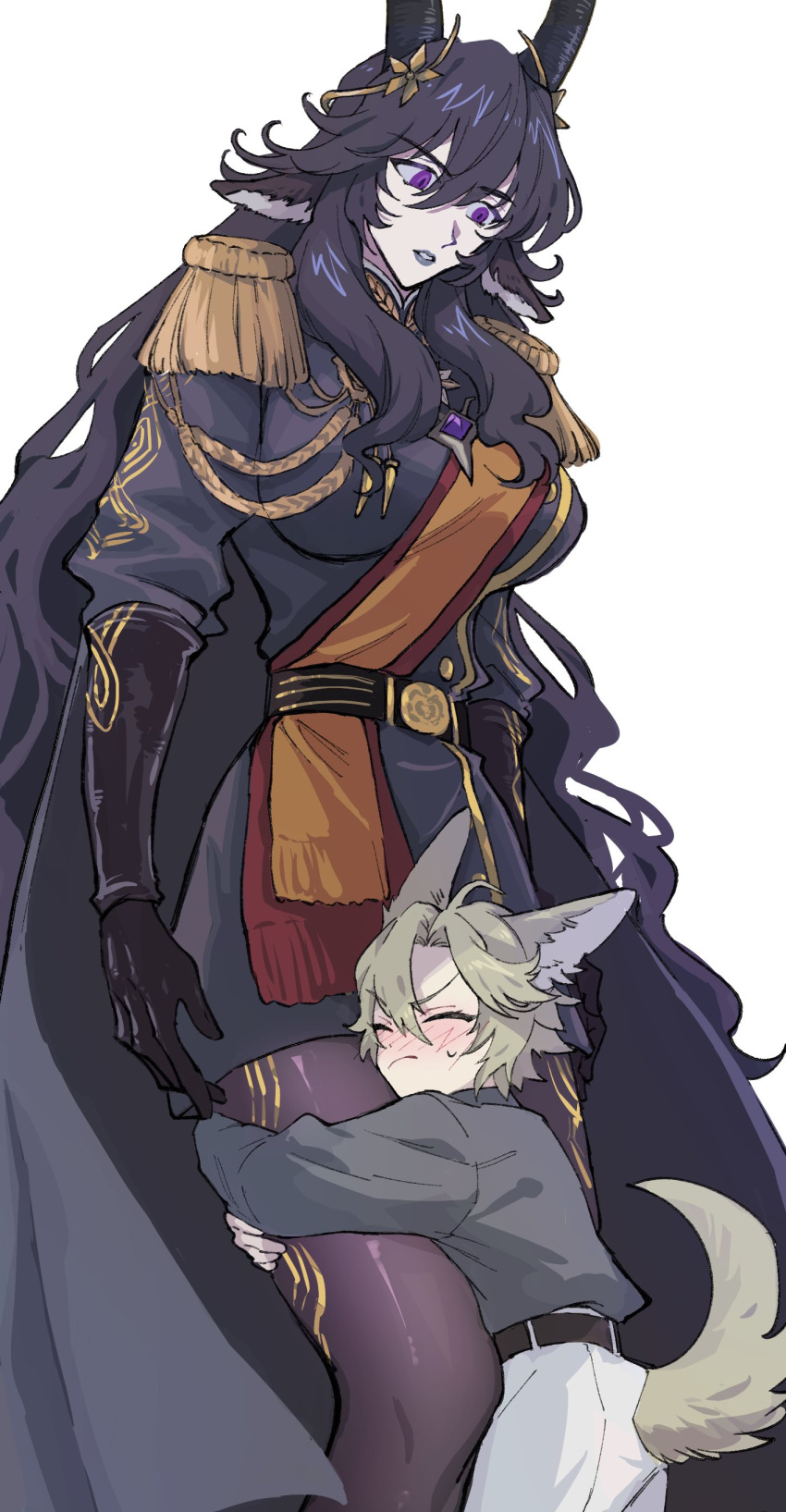 1boy, 1girl, absurdres, animal_ears, arknights, bassline_(arknights), belt, black_belt, black_gloves, black_hair, blush, breasts, closed_eyes, closed_mouth, commentary_request, gloves, hair_between_eyes, highres, hildegard_grimmacht, horns, hugging_another's_leg, large_breasts, long_hair, looking_at_another, looking_down, pantyhose, parted_lips, simple_background, standing, uniform, violet_eyes, white_background, zeiniku_(o0o_niku)