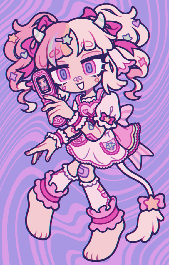 1girl, abstract_background, apron, arm_at_side, armband, back_bow, bandaid, bandaid_on_arm