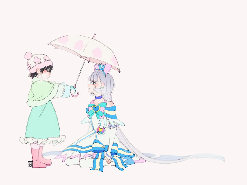2girls, aged_down, aoi_tete, aqua_bow, aqua_bowtie, aqua_dress, artist_logo, black_hair