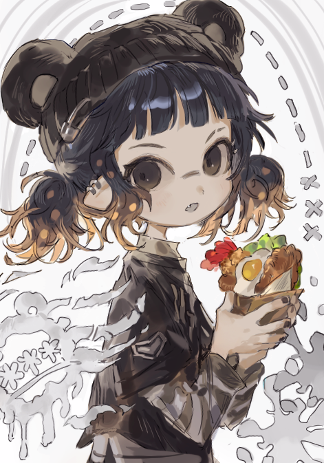 1girl, animal_hat, black_eyes, black_hair, black_hat, black_nails, blunt_bangs, crepe