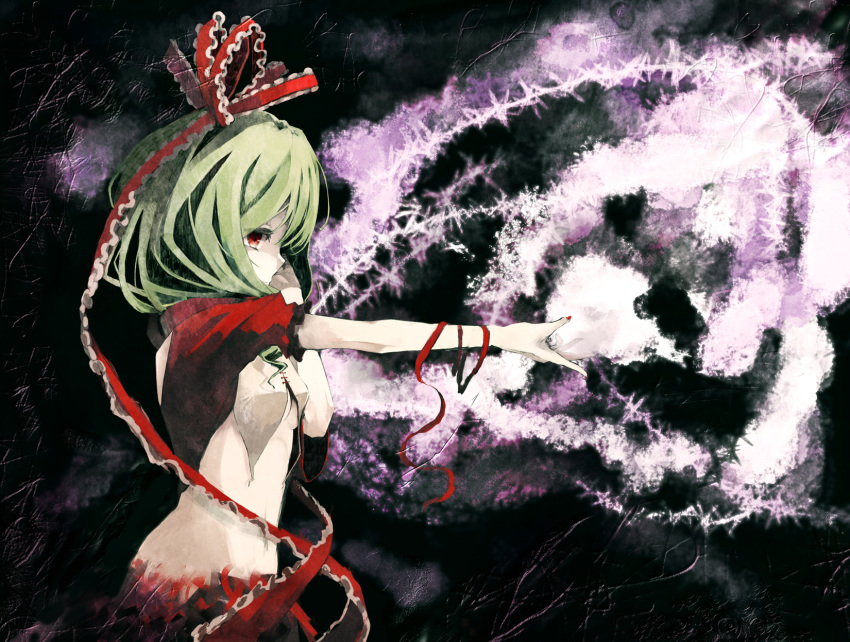 bow, breasts, ebra_hem, expressionless, frills, front_ponytail, green_hair, hair_bow, hair_ribbon, hands, highres, kagiyama_hina, nail_polish, outstretched_arm, profile, red_eyes, ribbon, short_hair, solo, touhou, underboob