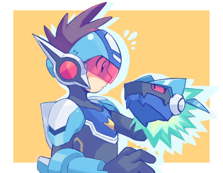 armor, assault_visor, blue_bodysuit, blue_helmet, bodysuit, geo_stelar_(mega_man), helmet, ishikoro1645, male_focus, mega_man_(series), mega_man_star_force, multiple_heads, omega-xis_(mega_man), power_armor, red-tinted_eyewear, shoulder_armor, star_force_mega_man, tinted_eyewear, upper_body