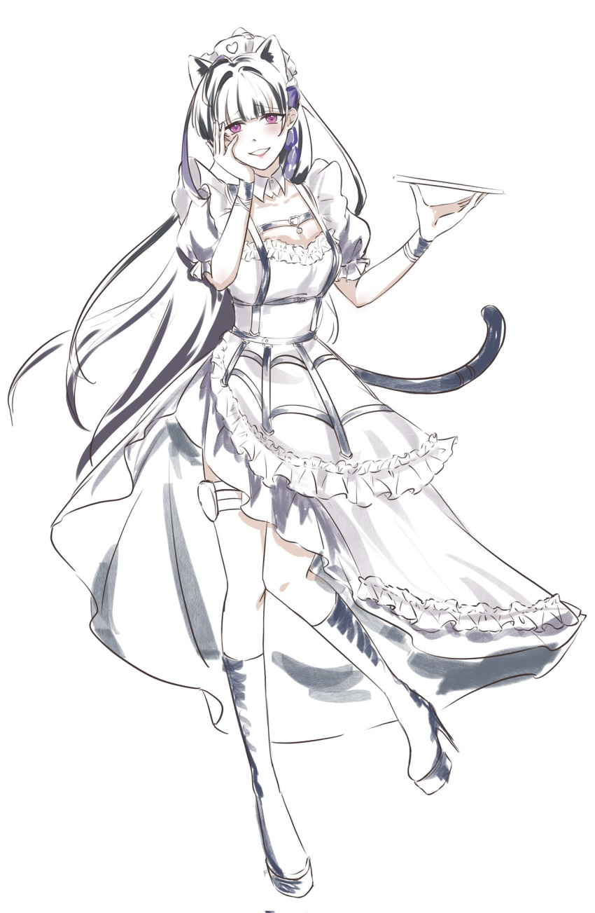 1girl, animal_ears, black_hair, blush, boots, cat_ears, cat_tail, full_body