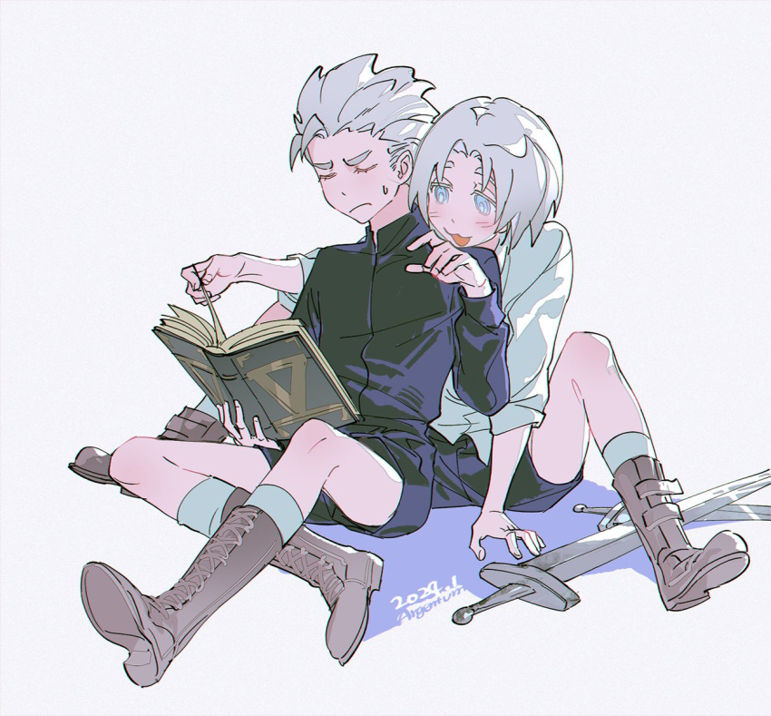2boys, aged_down, annoyed, argentum_1121, blue_eyes, book, boots, brothers