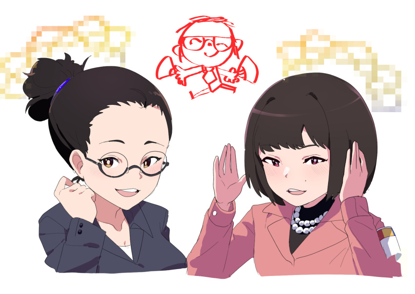 1boy, 2girls, atama_ga_paan_(meme), black-framed_eyewear, black_hair, black_jacket, blue_archive, blush