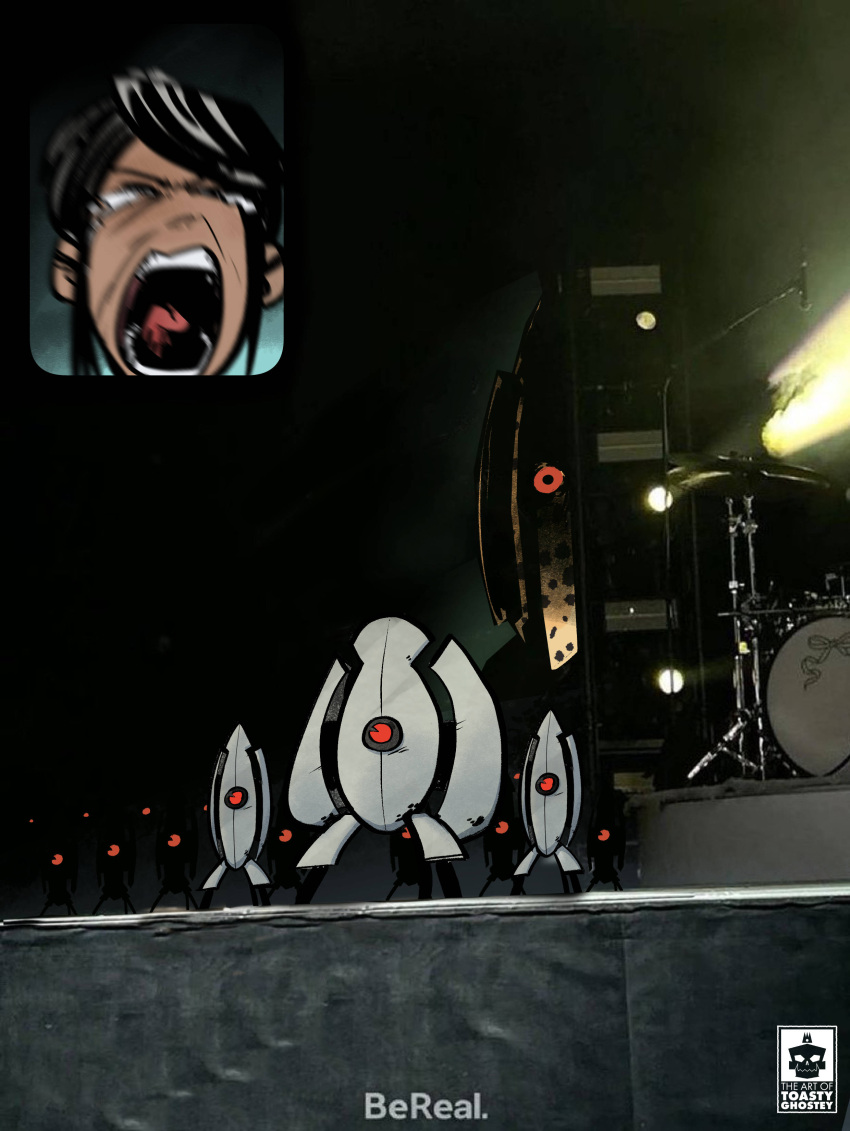 1girl, absurdres, animal_king_turret, artist_logo, bereal, black_hair, chell, closed_eyes, cymbals, drum, drum_set, fan_screaming_at_madison_beer_(meme), happy_tears, highres, inset, instrument, meme, microphone, microphone_stand, open_mouth, portal_(series), portal_2, screaming, sentry_turret_(portal), sidelocks, solo, tears, teeth, toastyghostey, tongue