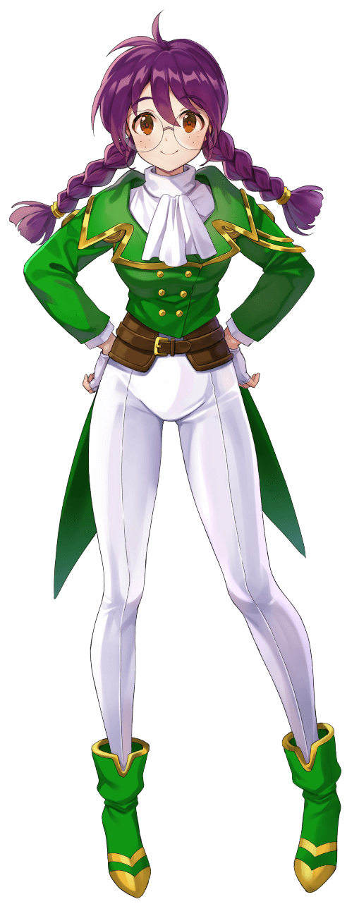 1girl, ankle_boots, arrow_print, artist_request, ascot, belt, belt_buckle, blush, boots, braid, braided_ponytail, brown_belt, brown_eyes, buckle, buttons, coattails, collar, collared_jacket, double-breasted, double_vertical_stripe, final_gear, fingerless_gloves, gloves, gold_buckle, gold_buttons, green_collar, green_footwear, green_jacket, green_sleeves, green_uniform, hair_between_eyes, hair_tie, half_updo, highres, jacket, jimiko, knees, long_hair, long_sleeves, mandarin_collar, official_art, pants, parted_lips, ponytail, purple_hair, ri_kouran, rimless_eyewear, round_eyewear, sakura_taisen, sega, short_hair, short_sidelocks, sidelocks, smile, solo, standing, striped_clothes, striped_pants, tareme, tight_clothes, tight_pants, transparent_background, twin_braids, twintails, two-tone_collar, two-tone_footwear, vertical-striped_clothes, vertical-striped_pants, very_short_hair, white_ascot, white_collar, white_gloves, white_pants, white_sleeves