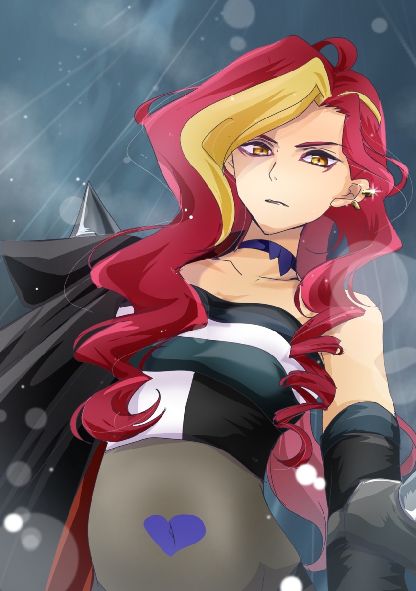 1girl, armor, black_cape, black_gloves, black_shirt, blonde_hair, blue_choker, cape