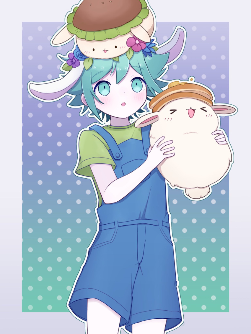 1boy, animal_ears, basil_(headspace)_(omori), basil_(omori), blue_overalls, bun_bunny_(omori), colored_skin, flower, green_eyes, green_hair, green_shirt, hatoba_(hatoba_yado), head_wreath, highres, kemonomimi_mode, male_focus, omori, overalls, pancake_bunny_(omori), rabbit_ears, shirt, short_hair, short_sleeves, solo, white_skin