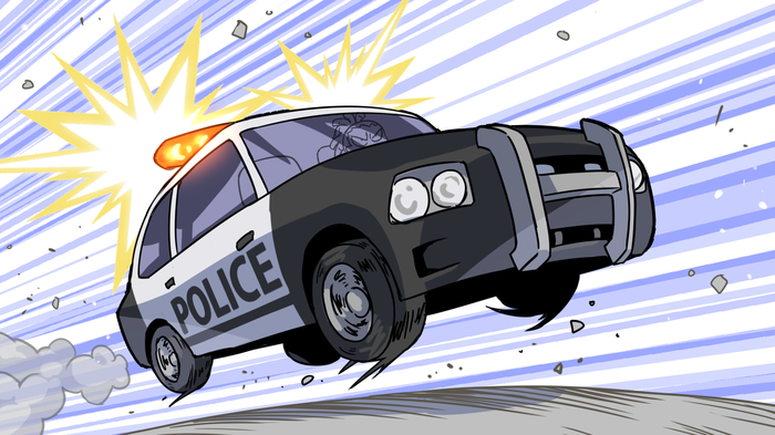 1girl, car, commentary, cornrows, driving, dust, flashing_light, helltaker