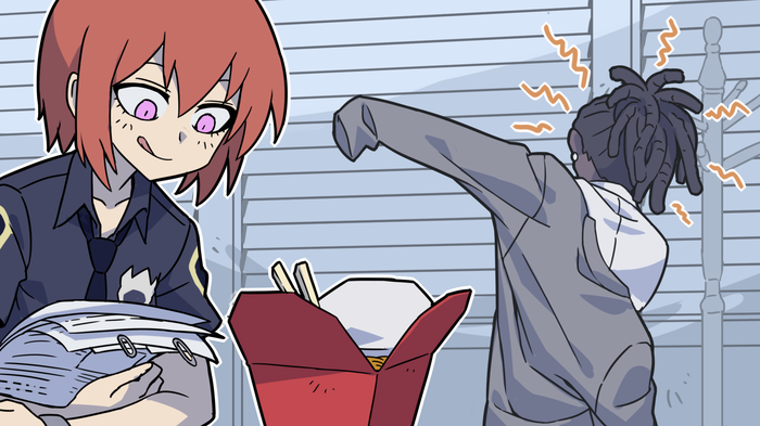 2girls, annoyed, black_hair, blue_eyes, brown_hair, chopsticks, commentary, cornrows, dark-skinned_female, dark_skin, earrings, food, helltaker, holding, holding_paper, indoors, jewelry, kyo-hei_(kyouhei), licking_lips, multiple_girls, necktie, noodles, oyster_pail, paper, police, police_(helltaker), police_swat_(helltaker), police_uniform, policewoman, putting_on_jacket, shirt, short_hair, suit, symbol-only_commentary, takeout_container, tongue, tongue_out, uniform, very_dark_skin, white_shirt, window_blinds