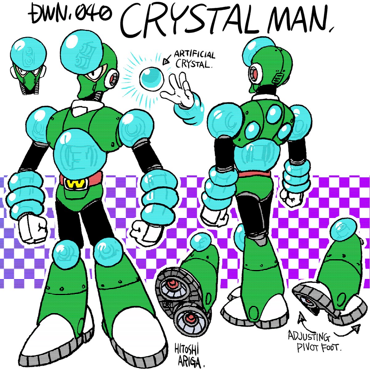 1boy, aqua_gemstone, ariga_hitoshi, armor, arrow_(symbol), artist_name, belt, black_bodysuit, black_eyes, blue_background, bodysuit, boots, character_name, checkered_background, chest_jewel, clenched_hands, commentary_request, concept_art, crystal_man, english_text, forehead_jewel, from_behind, full_body, gloves, gradient_background, green_armor, helmet, highres, industrial_pipe, joints, knee_boots, looking_ahead, looking_to_the_side, male_focus, mechanical_parts, mega_man_(classic), mega_man_(series), mega_man_5, mega_man_megamix, multiple_views, no_humans, no_mouth, portrait, purple_background, red_belt, reference_sheet, robot, robot_ears, robot_joints, scanlines, screw, shoe_soles, simple_background, standing, turnaround, white_background, white_gloves
