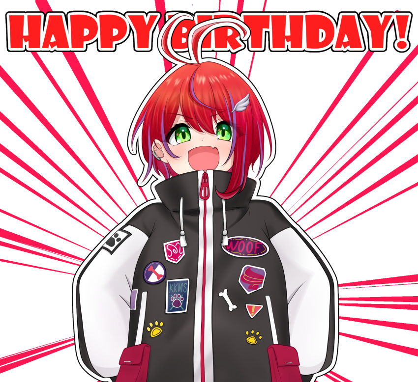 1girl, :d, akane_canna, akane_canna_(2nd_costume), antenna_hair, black_coat, blush, bone