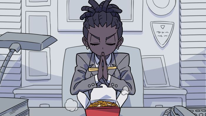 1girl, black_hair, breasts, chair, chinese_food, chopsticks, closed_eyes, commentary