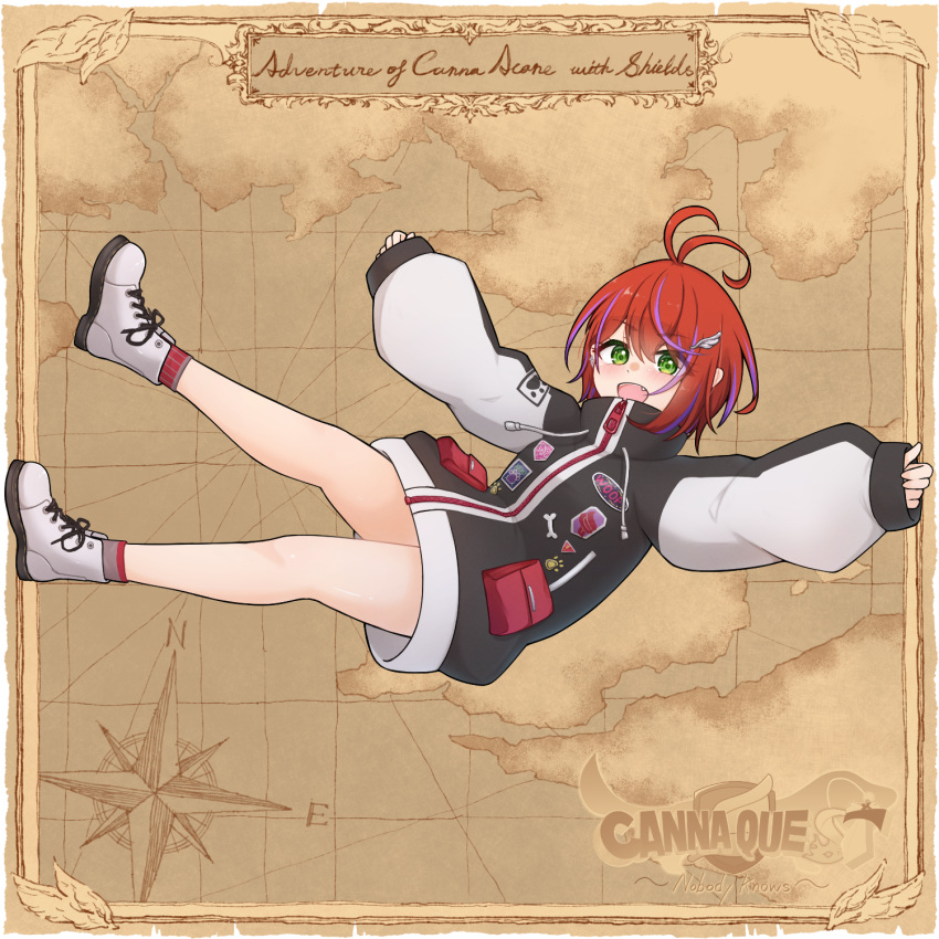 1girl, :d, akane_canna, akane_canna_(2nd_costume), antenna_hair, black_coat, blush, boots, coat, commentary_request, compass, falling, fang, feather_hair_ornament, feathers, full_body, green_eyes, hair_ornament, highres, k_(ve_do_9k), lapel_pin, long_sleeves, looking_at_viewer, map, medium_bangs, multicolored_coat, multicolored_hair, nanashi_inc., official_alternate_costume, open_mouth, oversized_clothes, patch, purple_hair, red_socks, redhead, short_hair, sleeves_past_wrists, smile, socks, solo, streaked_hair, two-tone_coat, two-tone_hair, virtual_youtuber, white_coat, white_footwear, zipper