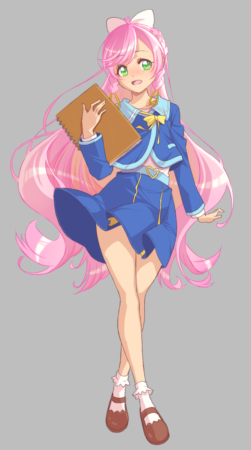 1girl, :d, bow, commentary_request, cosplay, cure_prism, eyelashes, green_eyes