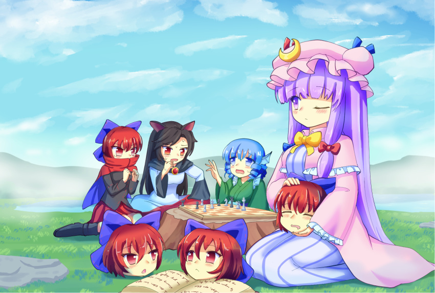 4girls, animal_ears, black_footwear, black_hair, black_shirt, blue_bow, blue_eyes, blue_hair