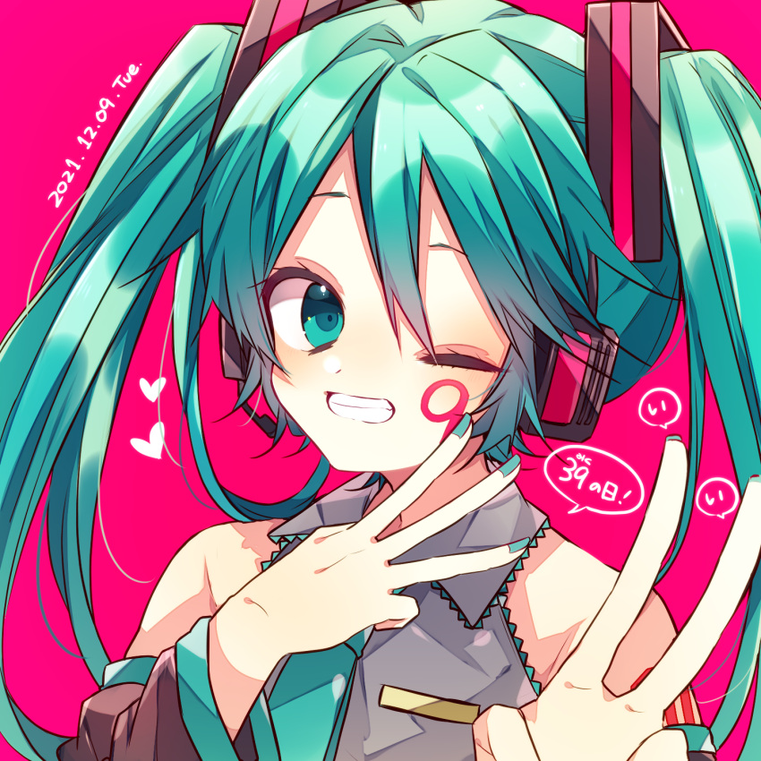 1girl, 39, blue_eyes, blue_hair, collared_shirt, dated, detached_sleeves, grin, hatsune_miku, headphones, headset, highres, kaho_0102, long_hair, long_sleeves, looking_at_viewer, middle_w, nail_polish, necktie, one_eye_closed, pink_background, shirt, sleeveless, sleeveless_shirt, smile, solo, twintails, v, vocaloid, w