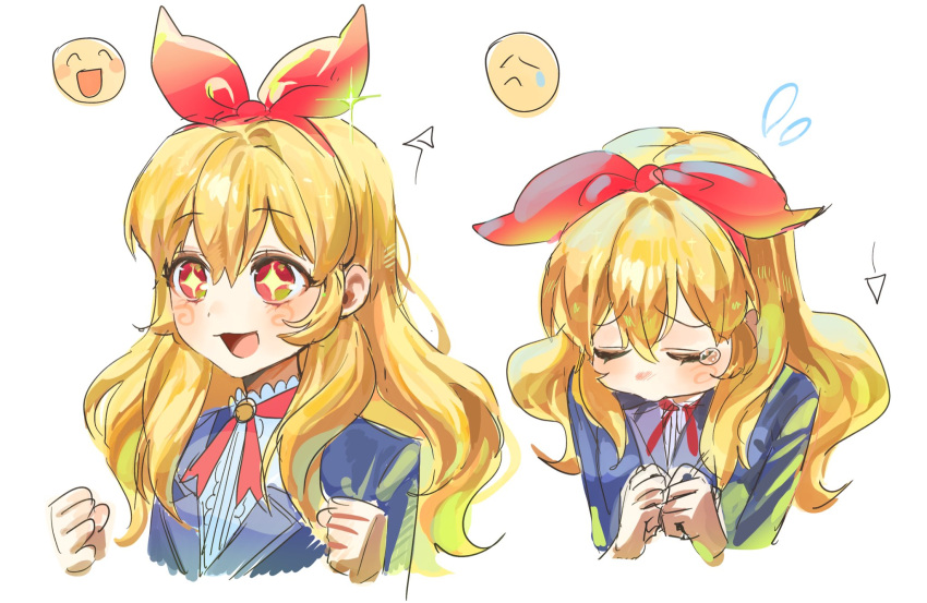 1girl, aikatsu!, aikatsu!_(series), blonde_hair, blue_jacket, blush, bow, emoji