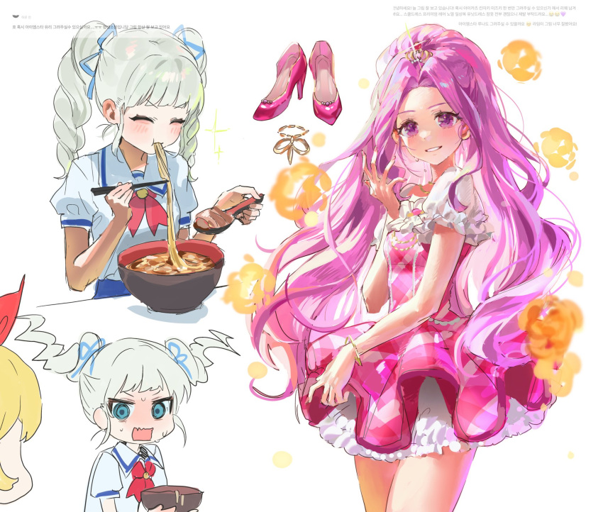 3girls, aikatsu!, aikatsu!_(series), blonde_hair, bow, character_request, chopsticks, closed_eyes