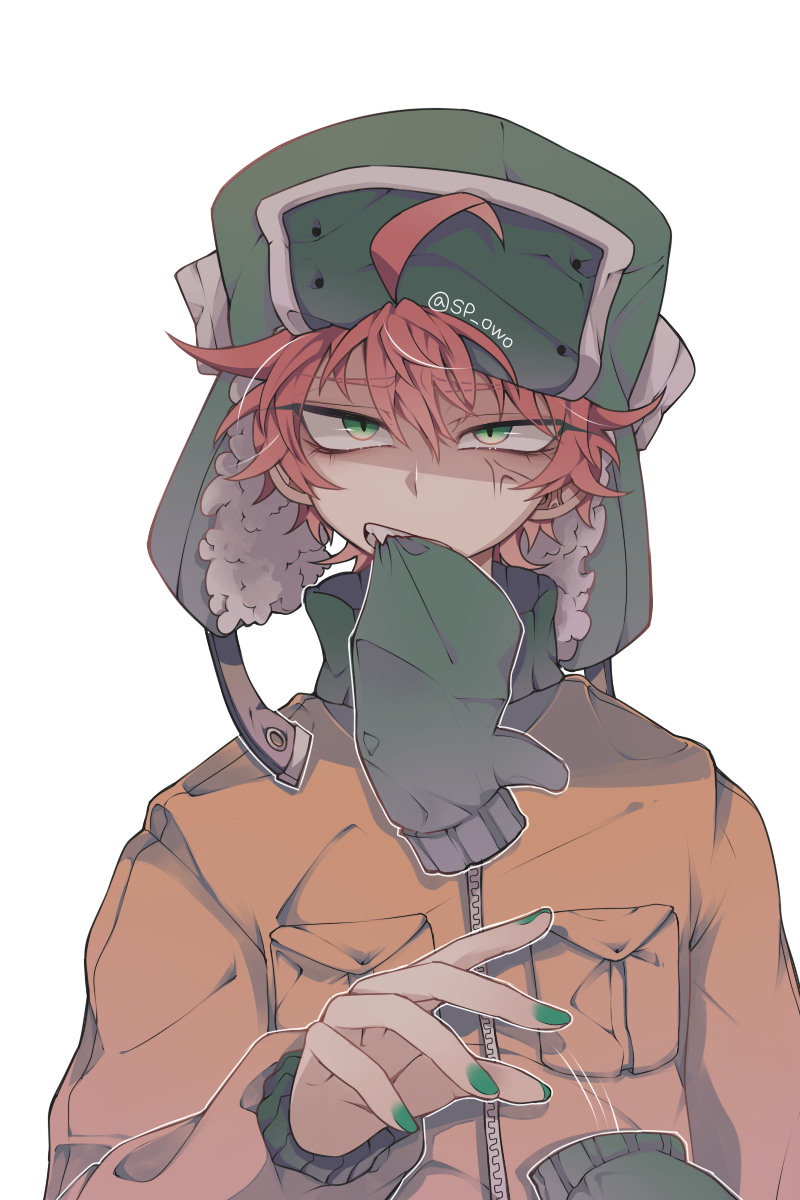 1boy, ahoge, anger_vein, clenched_teeth, commentary, fang, fur_hat, green_eyes