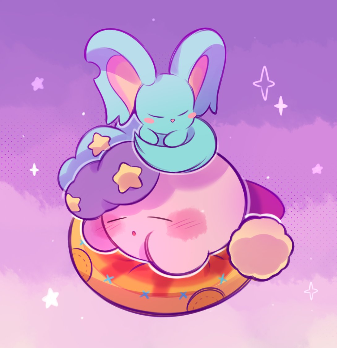 blue_hat, blush_stickers, closed_eyes, commentary, copy_ability, deep_sleep_kirby, elfilin, english_commentary