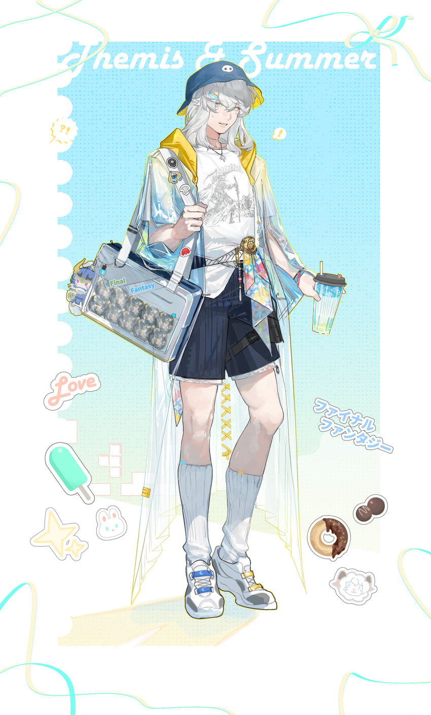 !, 1boy, absurdres, alternate_costume, bag, belt, black_shorts, blue_background, blue_eyes, blue_hat, character_name, character_print, contemporary, copyright_name, cup, disposable_cup, doughnut, final_fantasy, final_fantasy_xiv, food, full_body, grey_hair, hair_ornament, hairpin, hat, highres, holding, holding_cup, holding_strap, jacket, jewelry, kneehighs, looking_at_viewer, male_focus, medium_hair, open_clothes, open_jacket, parted_lips, pendant, popsicle, pouch, rou_bao_natie, see-through, see-through_jacket, shirt, shoes, shorts, smile, sneakers, socks, solo, spoken_exclamation_mark, standing, star_(symbol), sticker, sweatdrop, themis_(ff14), thigh_pouch, two-tone_background, warrior_of_light_(ff1), white_background, white_footwear, white_jacket, white_shirt, white_socks, zipper