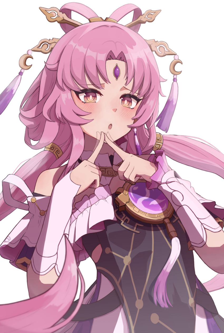 1girl, :o, bare_shoulders, blush, bow-shaped_hair, breasts, detached_sleeves, floating_hair