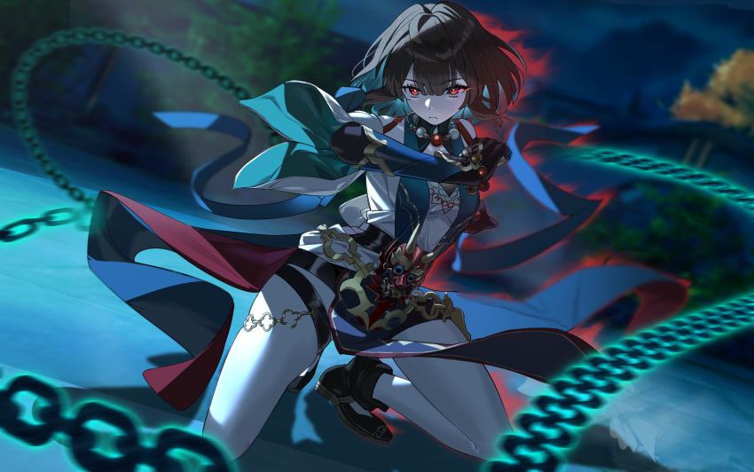 1girl, absurdres, ahoge, black_hair, chain, colored_inner_hair, eamut1, glowing, glowing_eyes, highres, honkai:_star_rail, honkai_(series), mask, medium_hair, motion_blur, multicolored_hair, oni_mask, red_eyes, solo, squatting, xueyi_(honkai:_star_rail)