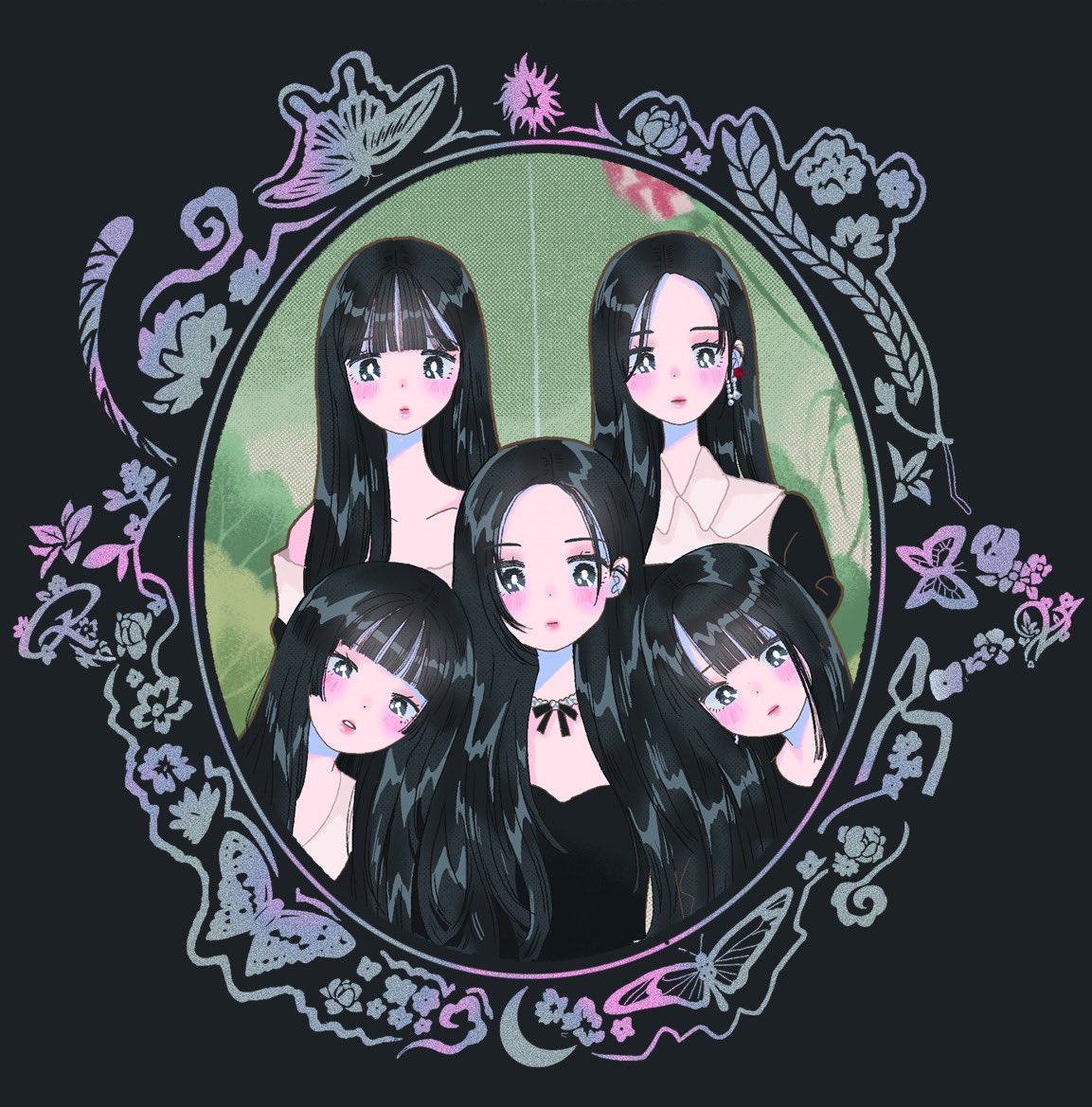 2610october, 5girls, animification, black_border, black_dress, black_hair, blunt_bangs, blush