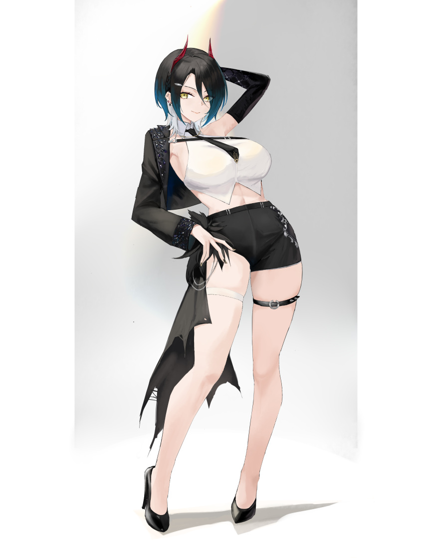 1girl, absurdres, arm_behind_head, asymmetrical_pants, azur_lane, bare_legs, black_hair, black_jacket