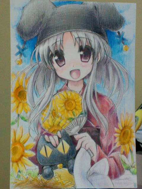 1girl, black_eyes, blue_sky, colored_pencil, commentary_request, flower, grey_hair, hand_fan